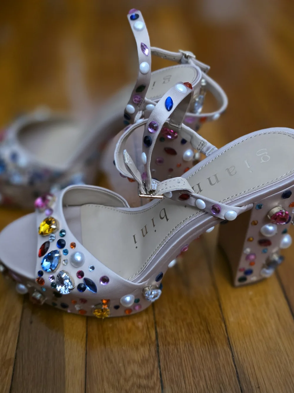 Gianni Bini Blush Pink Jeweled Block Heel Sandals - Picture 3 of 5